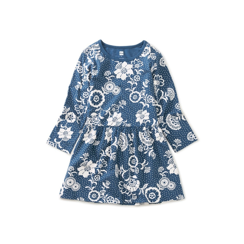 Tea‎ Collection Kids Blue Floral Print Long Sleeve Dropped Waist Dress Size 8